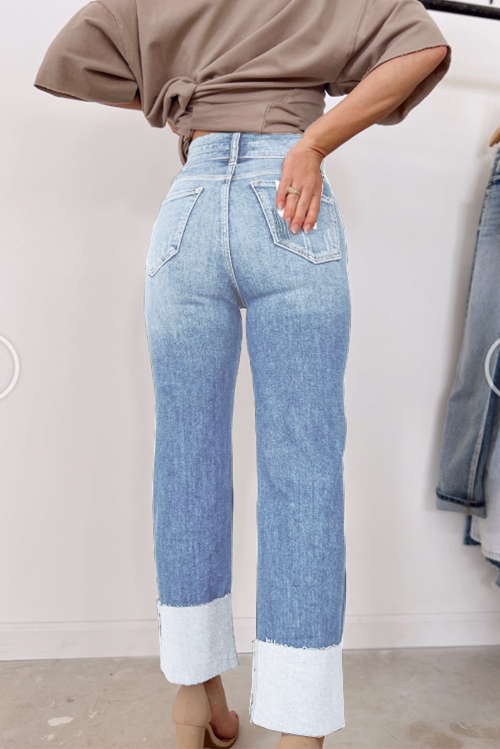 High Waist Distressed Straight Leg Jeans