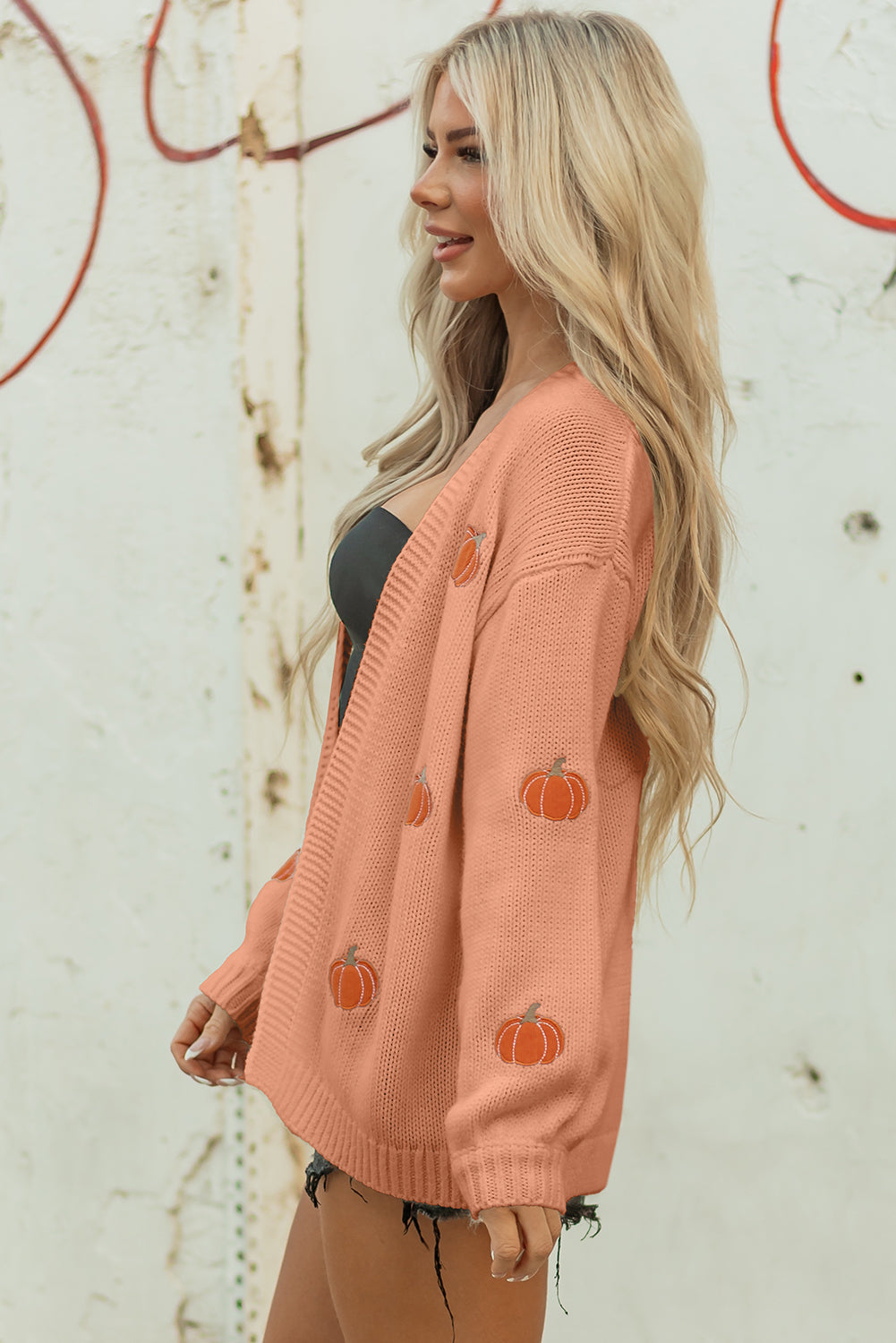 Straw Yellow Pumpkin Print Open Front Drop Shoulder Midi Cardigan