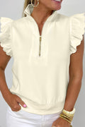Beige Collared Ruffled Short Sleeve Blouse
