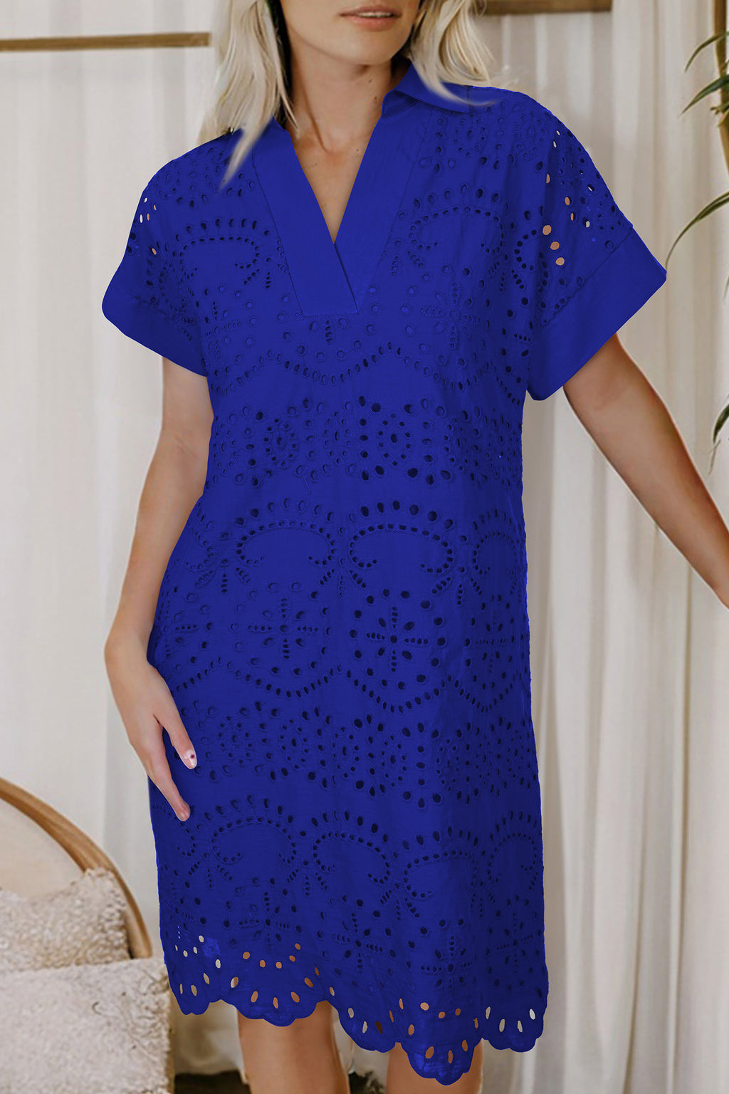 White Solid Color Eyelet Embroidered T Shirt Mini Dress