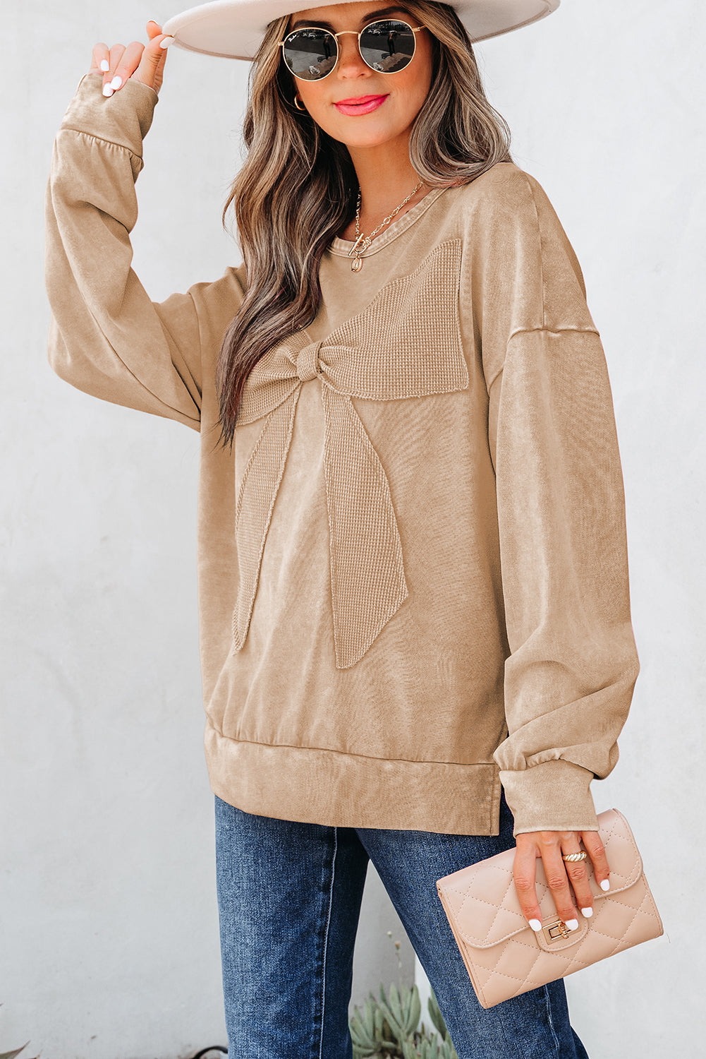 Bright Pink Mineral Wash Big Bow Patchwork Pullover Sweatshirt
