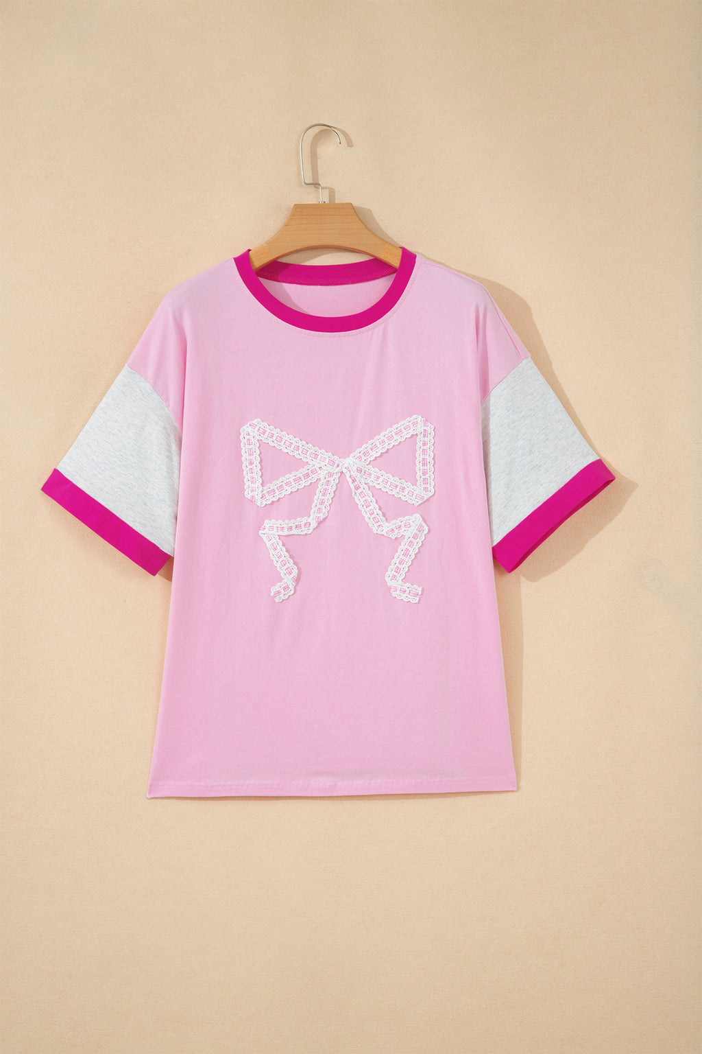 Gossamer Pink Embroidered Bow Detail Color Block Loose Tee