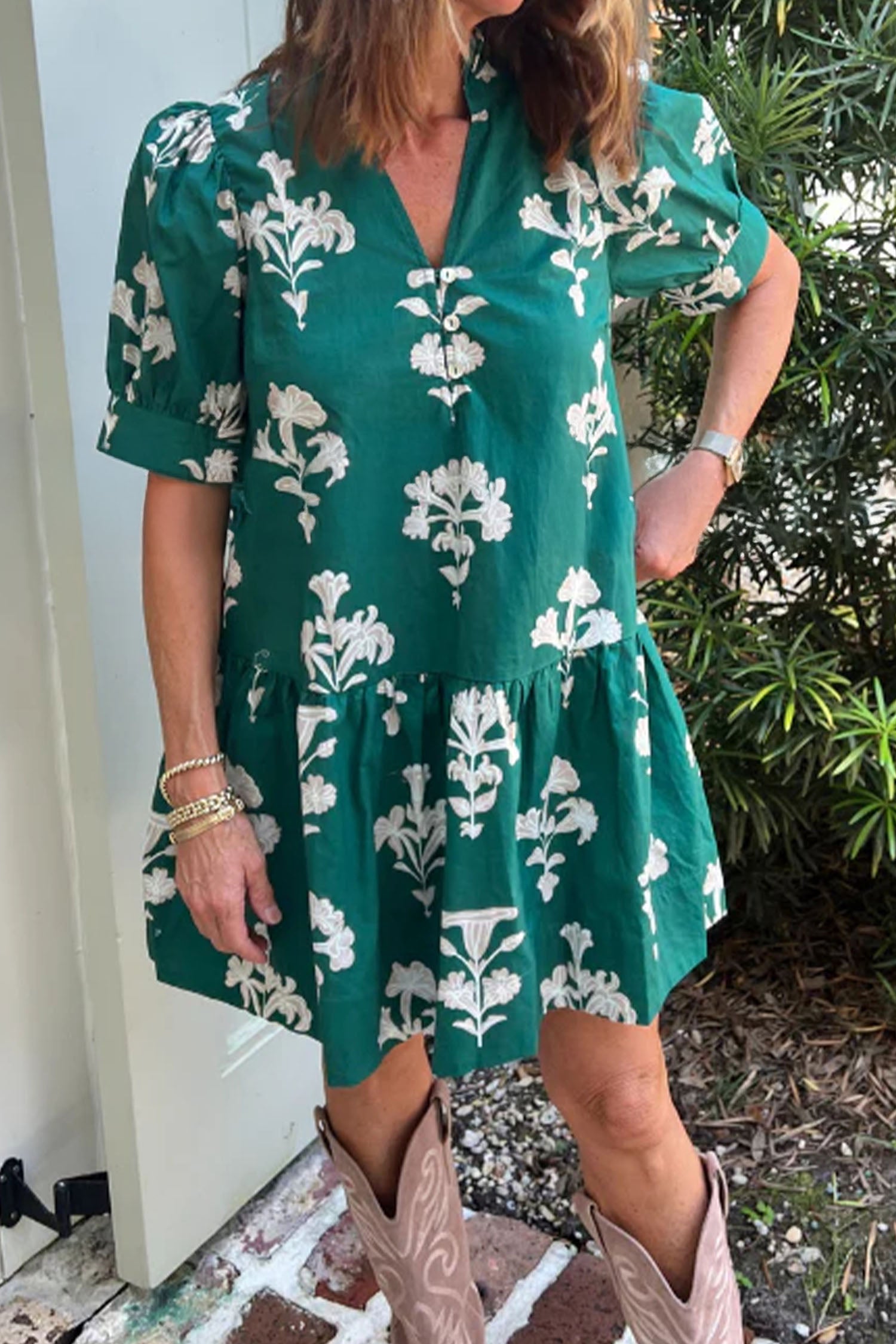 Green Frilled Floral Mini Dress