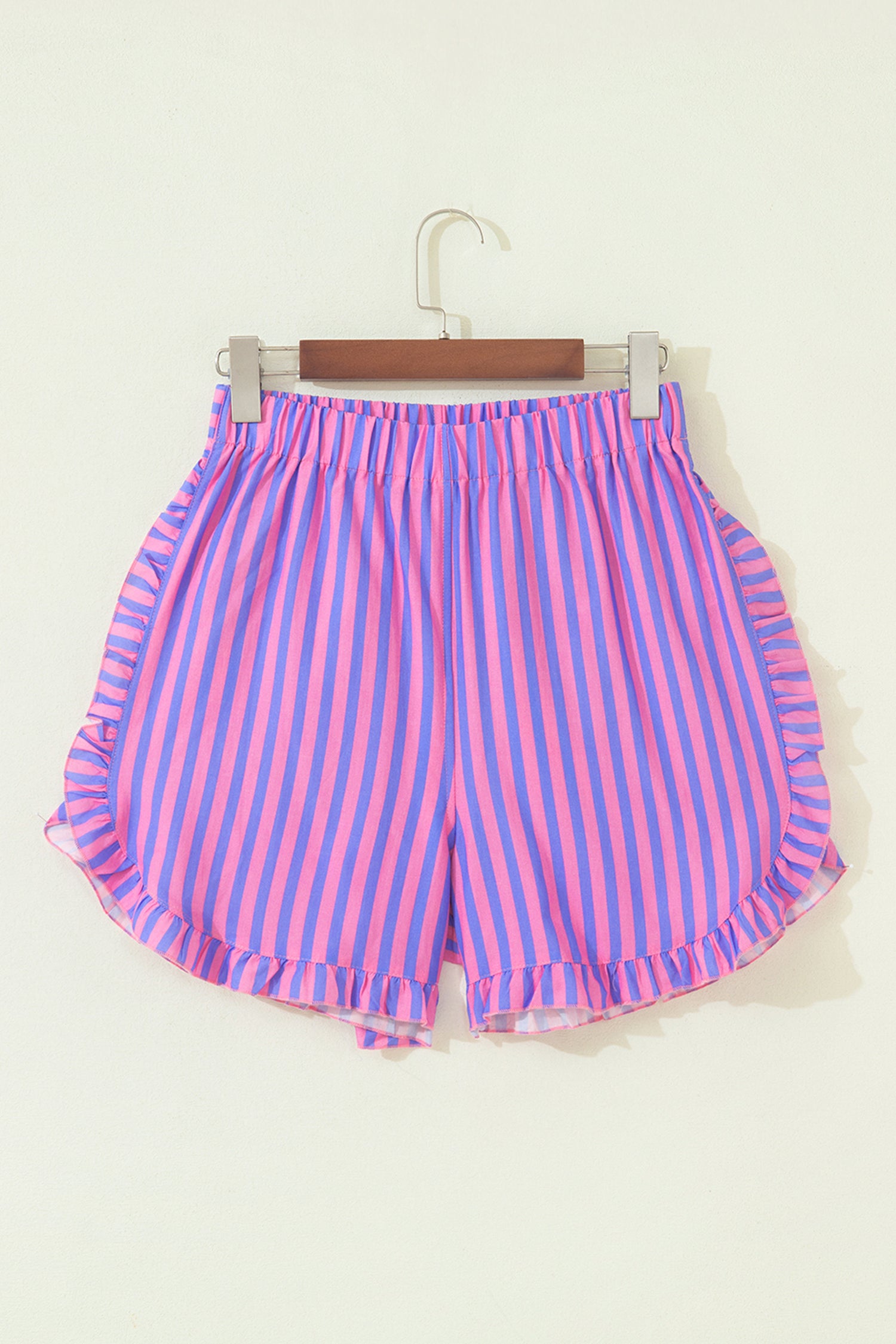Sky Blue Stripe Elastic Waist Ruffle Trim Casual Shorts