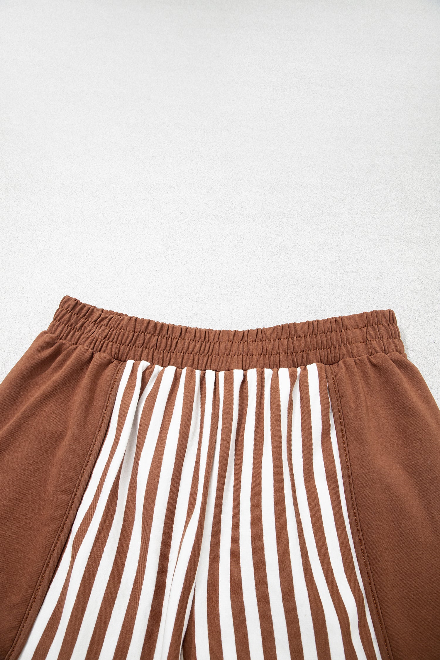 Brown Stripe Color Block Patchwork Quarter Zip Pullover Sporty Shorts Set