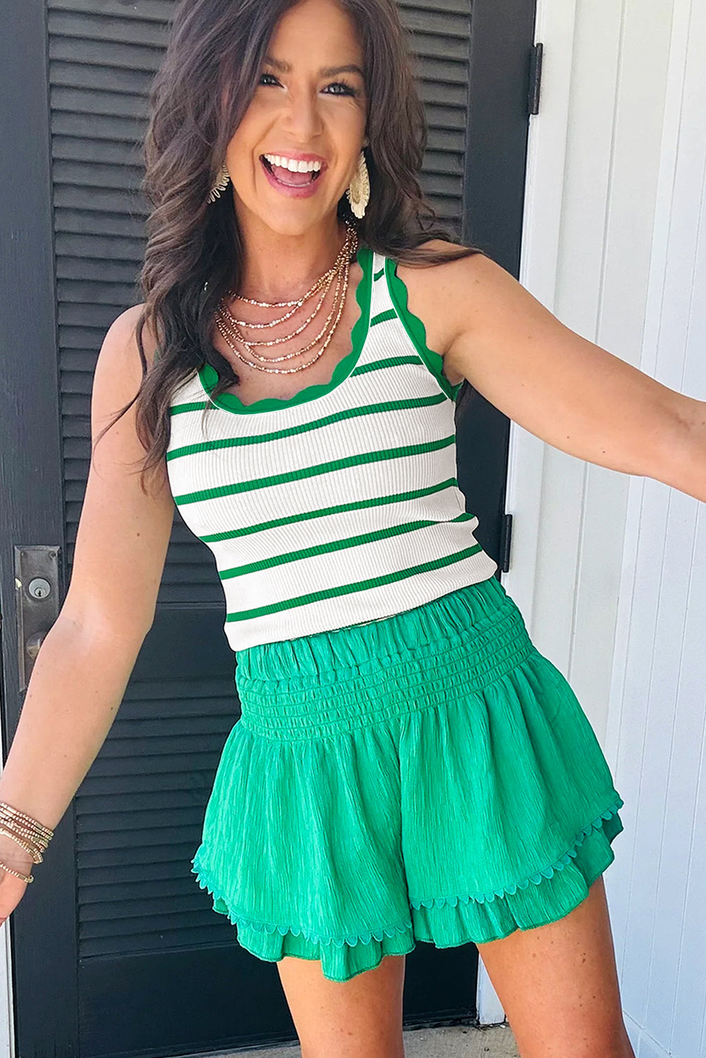 Black Striped Scalloped Edge U Neck Sleeveless Sweater Vest