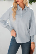 Gray Pinstripe Long Sleeve Smocked Cuffs Button Shirt Collar Blouse