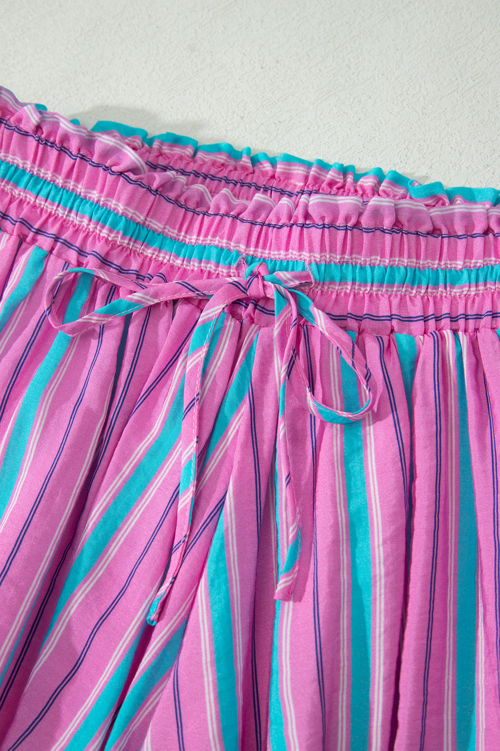 Pink Stripe Dolman Short Sleeve Blouse Drawstring Elastic Waist Loose Short Set