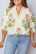 Pink Plus Size Floral Print Striped Trim V Neck Blouse