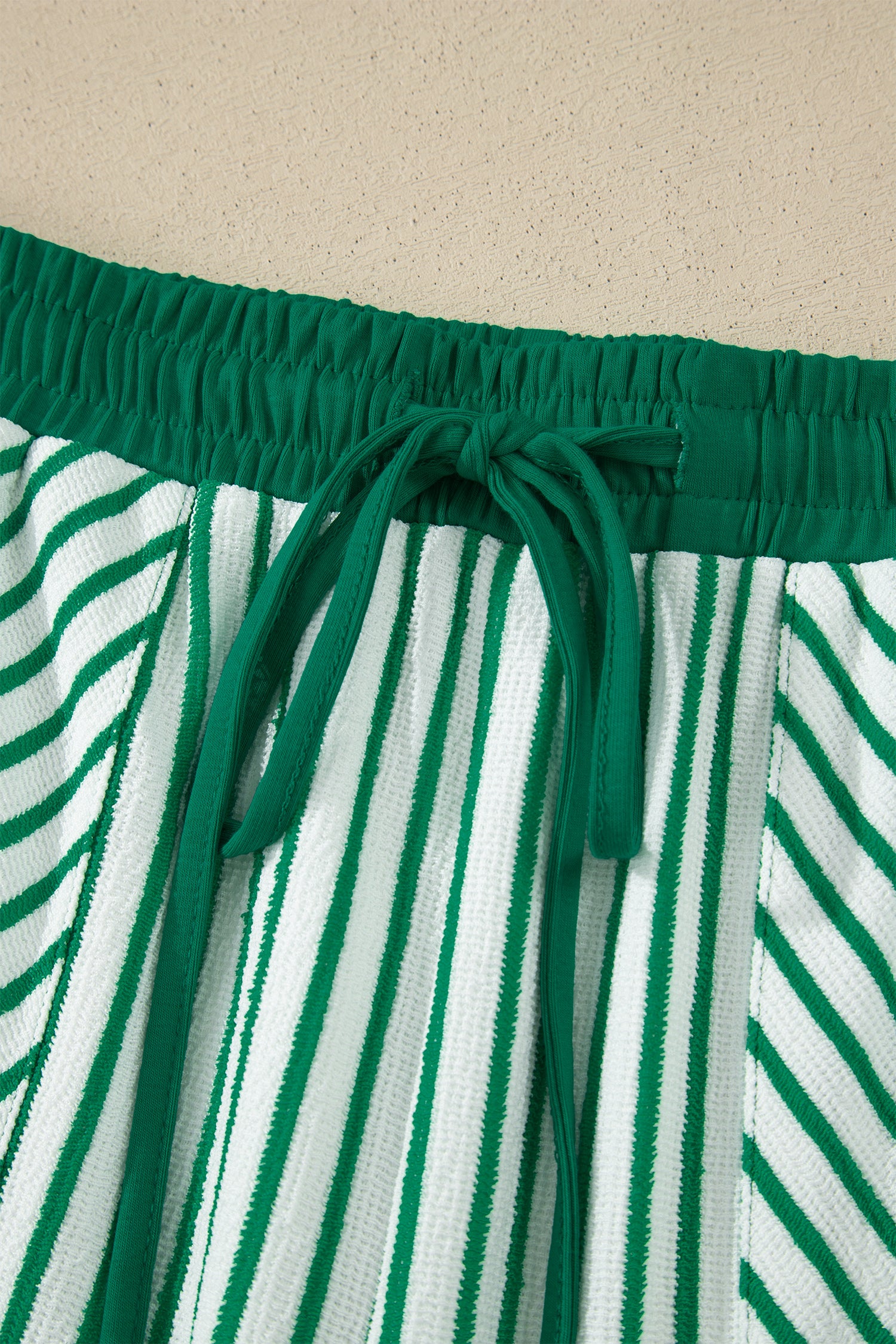 Green Stripe Crew Neck Tee Drawstring Waist Cropped Pants Set
