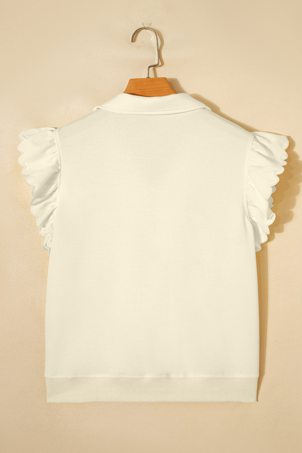 Beige Collared Ruffled Short Sleeve Blouse