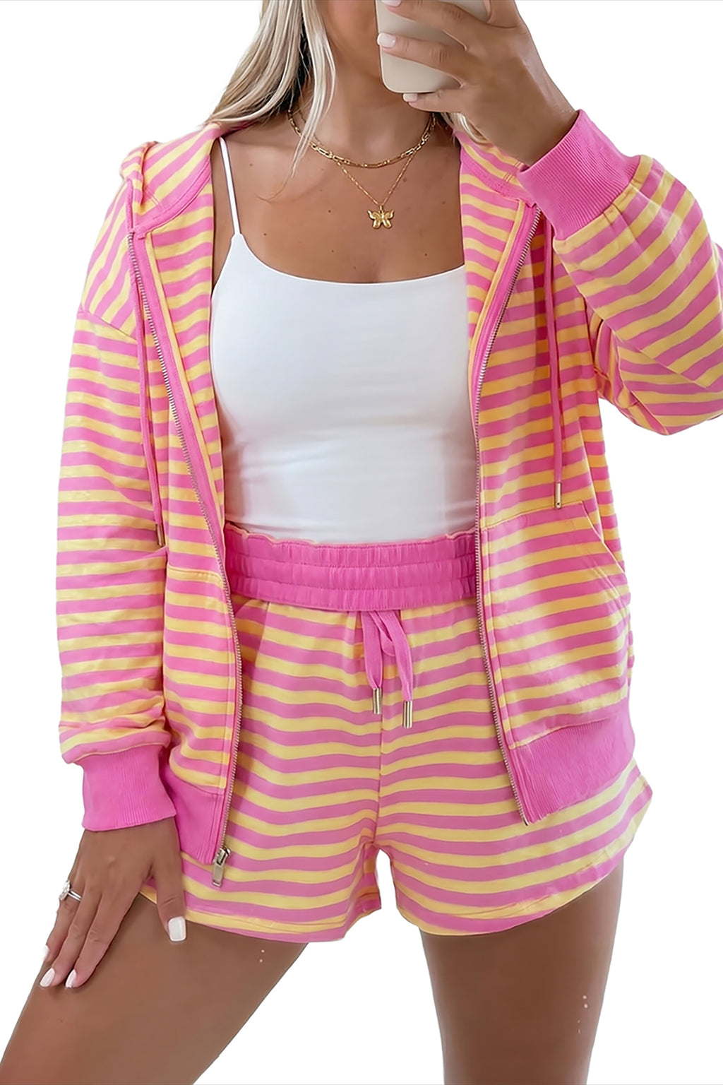 Rose Red Striped Long Sleeve Zip-Up Hoodie Drawstring Elastic Waist 2pcs Short Set
