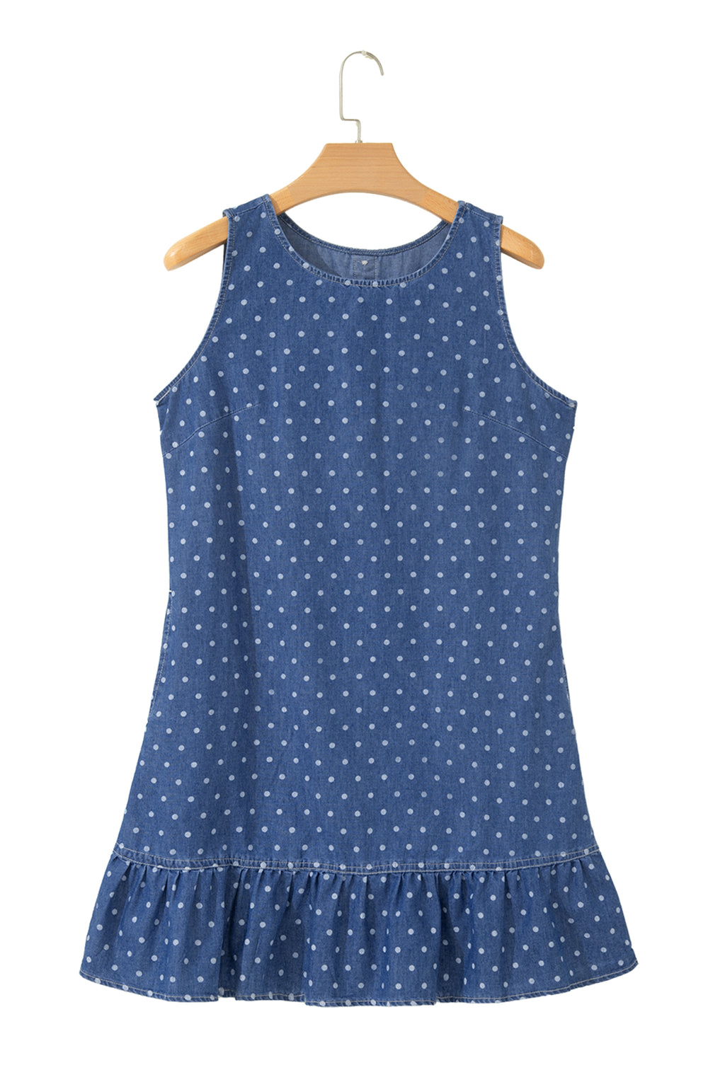 Blue Polka Dot Ruffle Hem Sleeveless Shift Dress Mini Vacation Wholesale