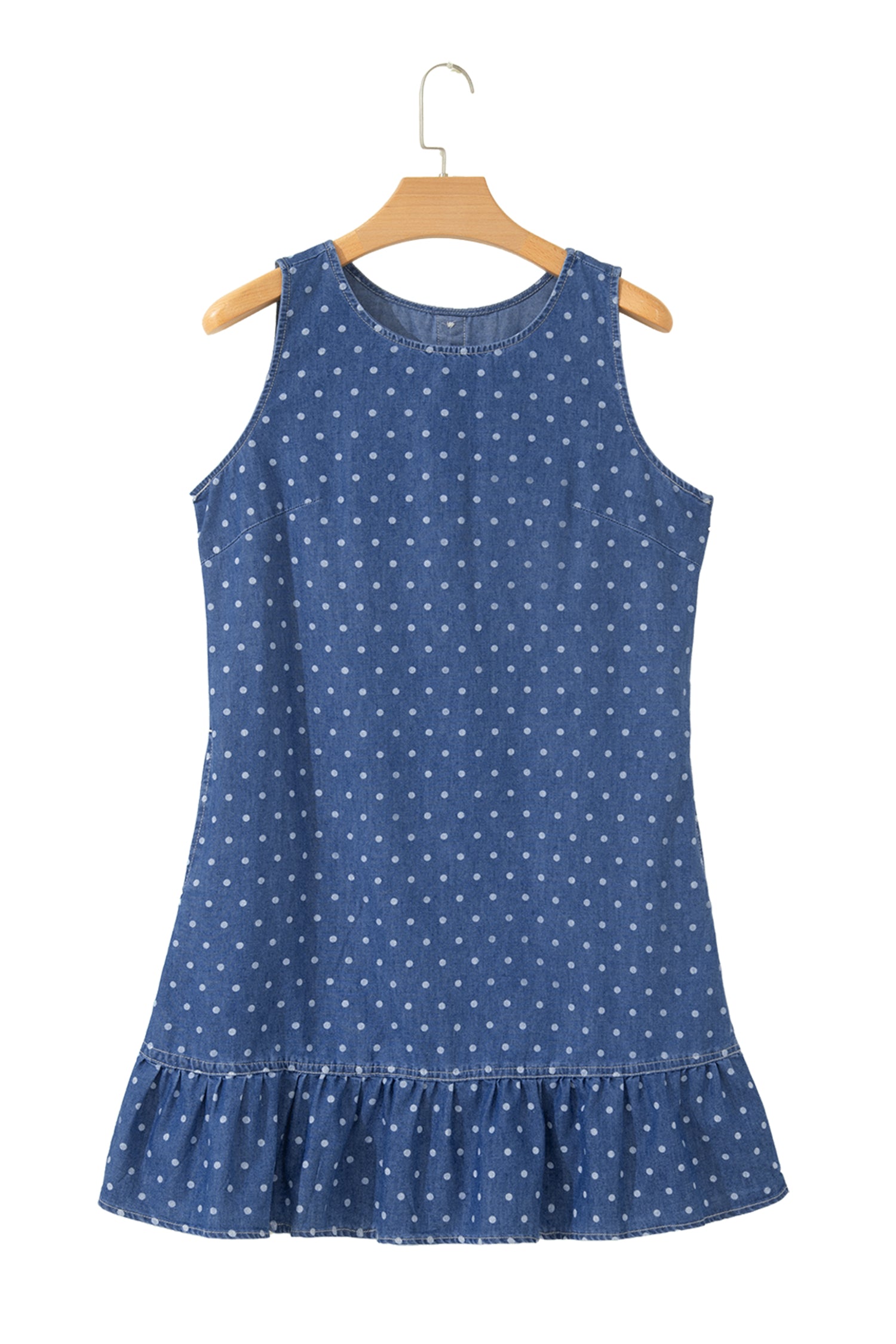 Blue Polka Dot Ruffle Hem Sleeveless Shift Dress Mini Vacation Wholesale