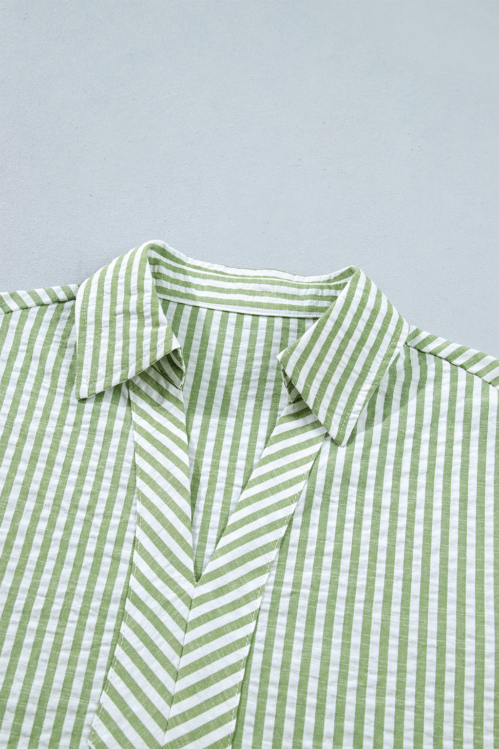Green Stripe Shirt Collar Half Sleeve Blouse