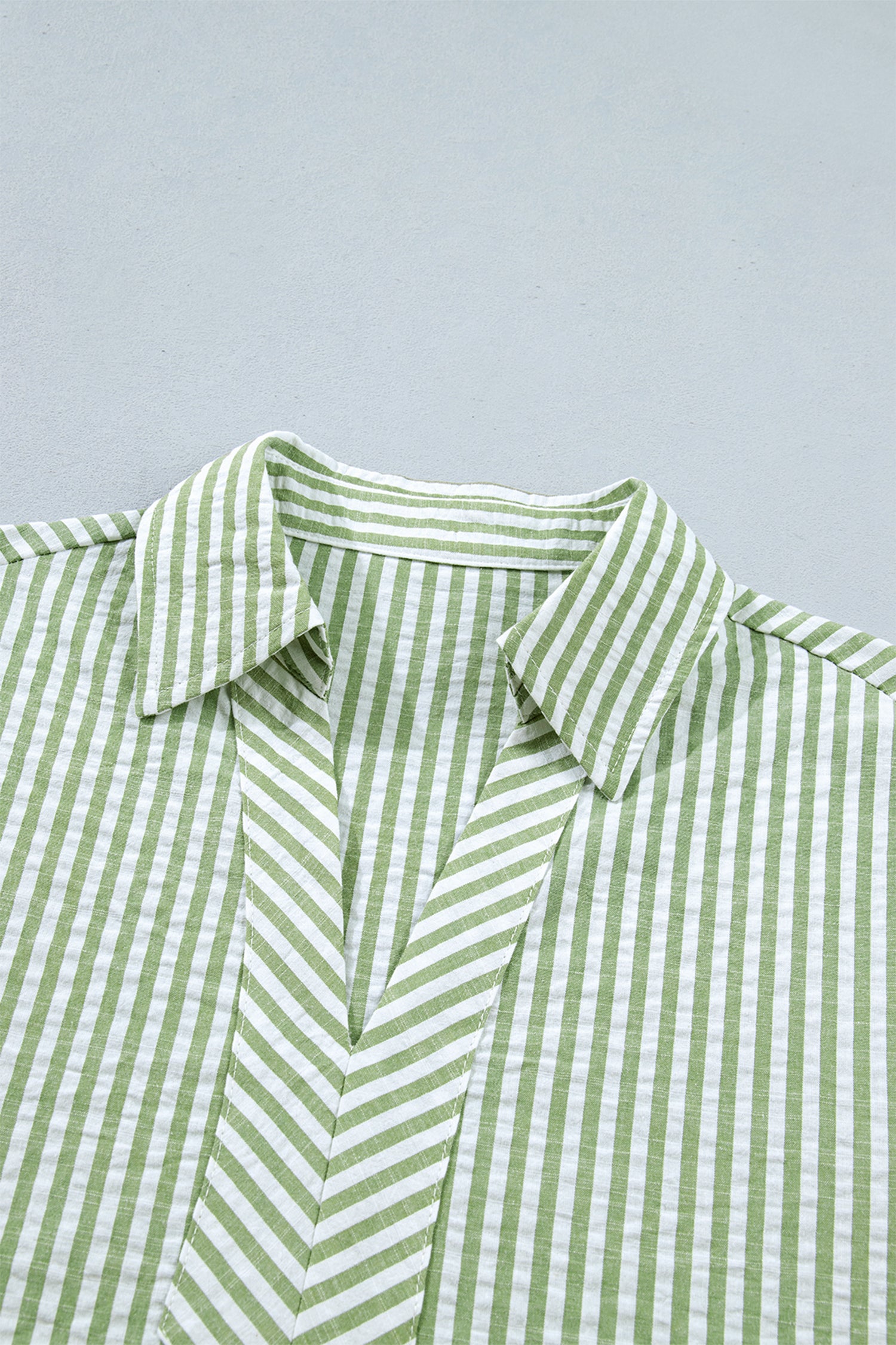 Green Stripe Shirt Collar Half Sleeve Blouse