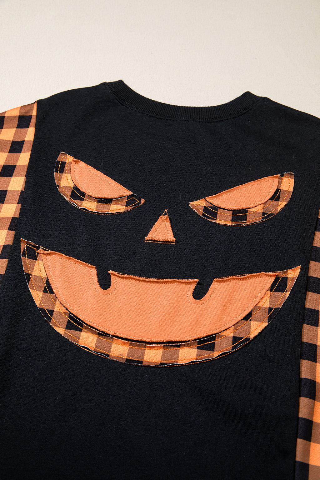 Black Patchwork Plaid Pumpkin Face Long Sleeve Top