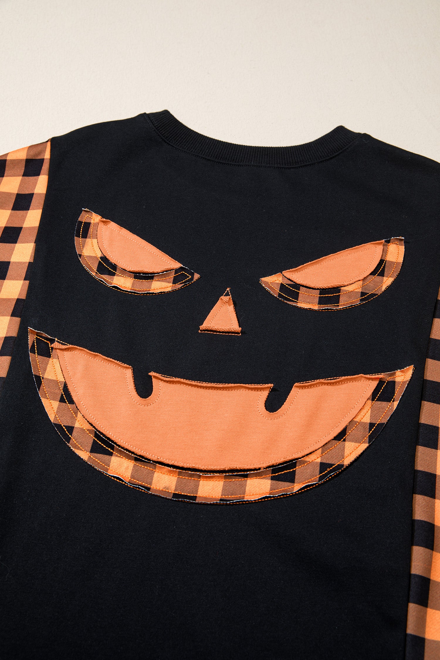 Black Patchwork Plaid Pumpkin Face Long Sleeve Top