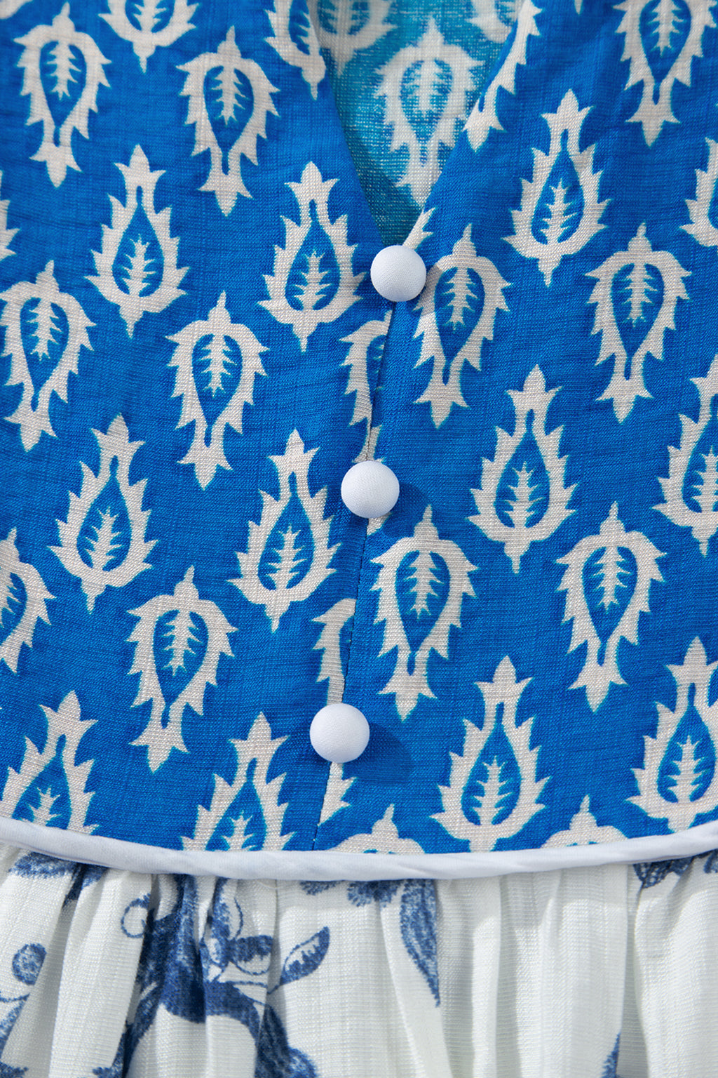 Sky Blue Boho Abstract Print Contrast Trim V Neck Tassel Tie Dress