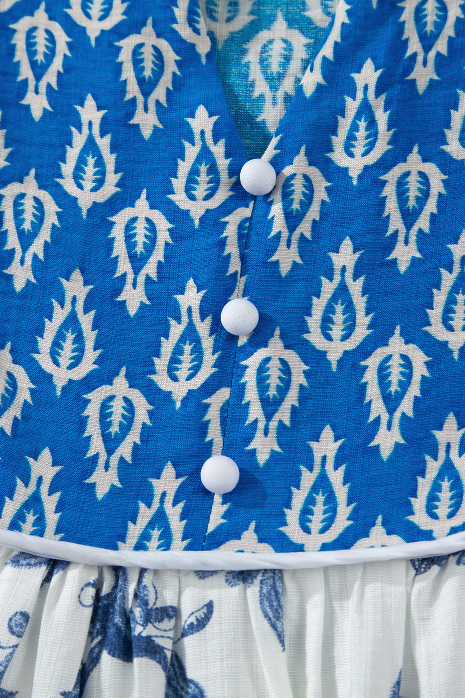 Sky Blue Boho Abstract Print Contrast Trim V Neck Tassel Tie Dress