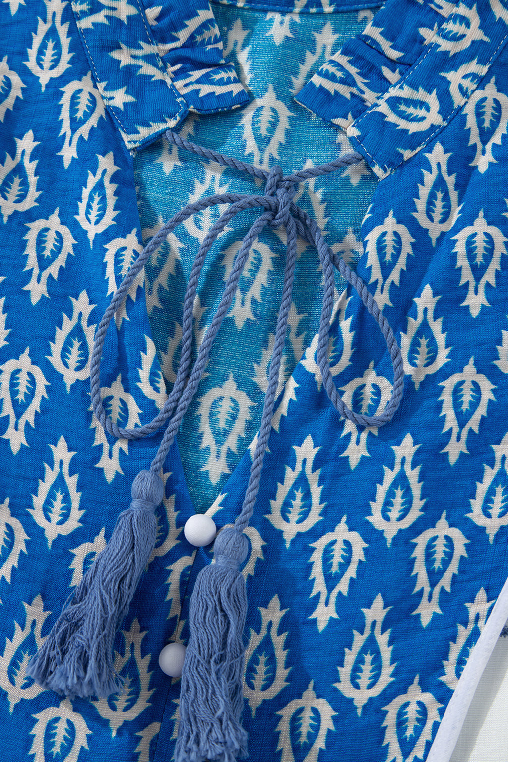 Sky Blue Boho Abstract Print Contrast Trim V Neck Tassel Tie Dress