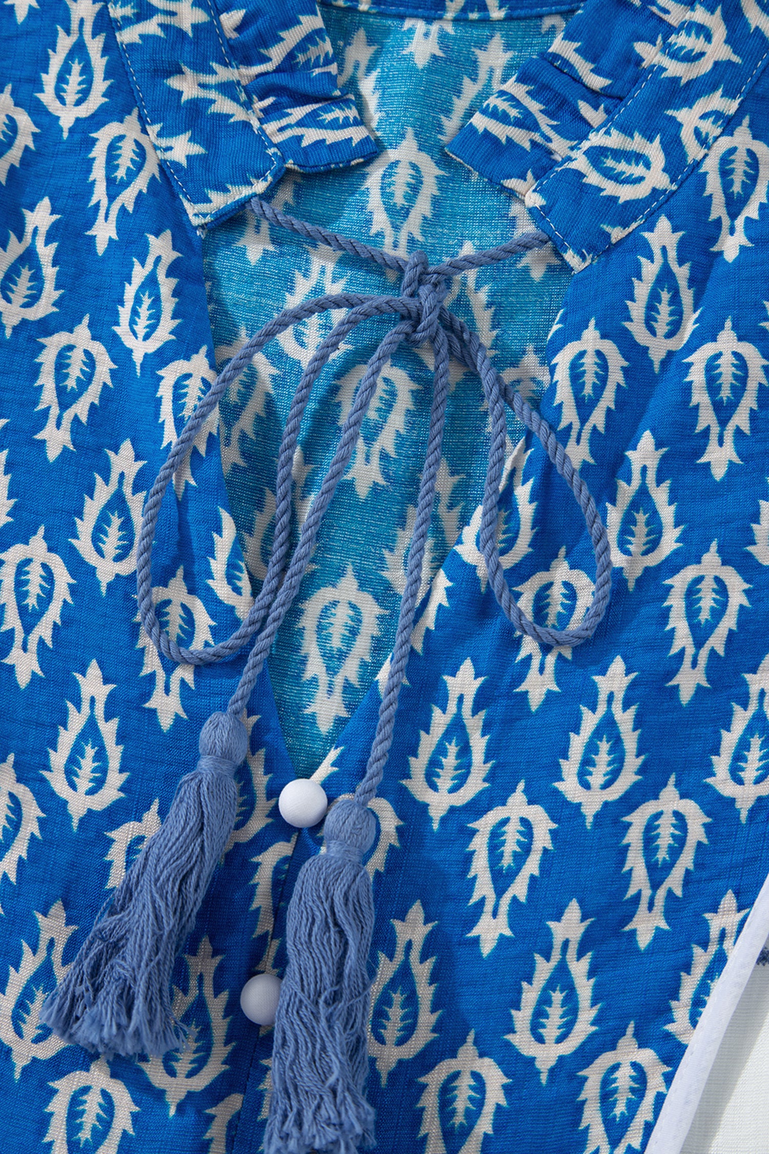 Sky Blue Boho Abstract Print Contrast Trim V Neck Tassel Tie Dress