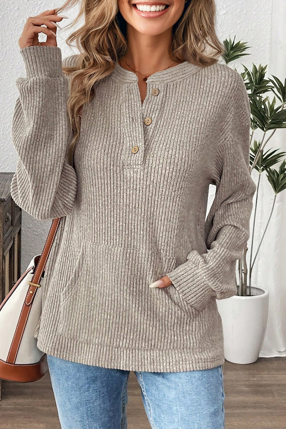 Pink Ribbed Texture Drop Shoulder Henley Knit Top