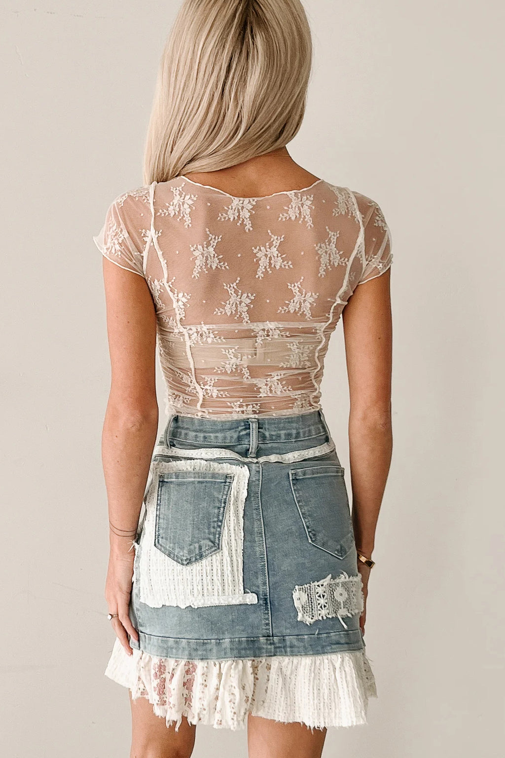 White Exposed Seam Ruched Sheer Floral Mesh Top