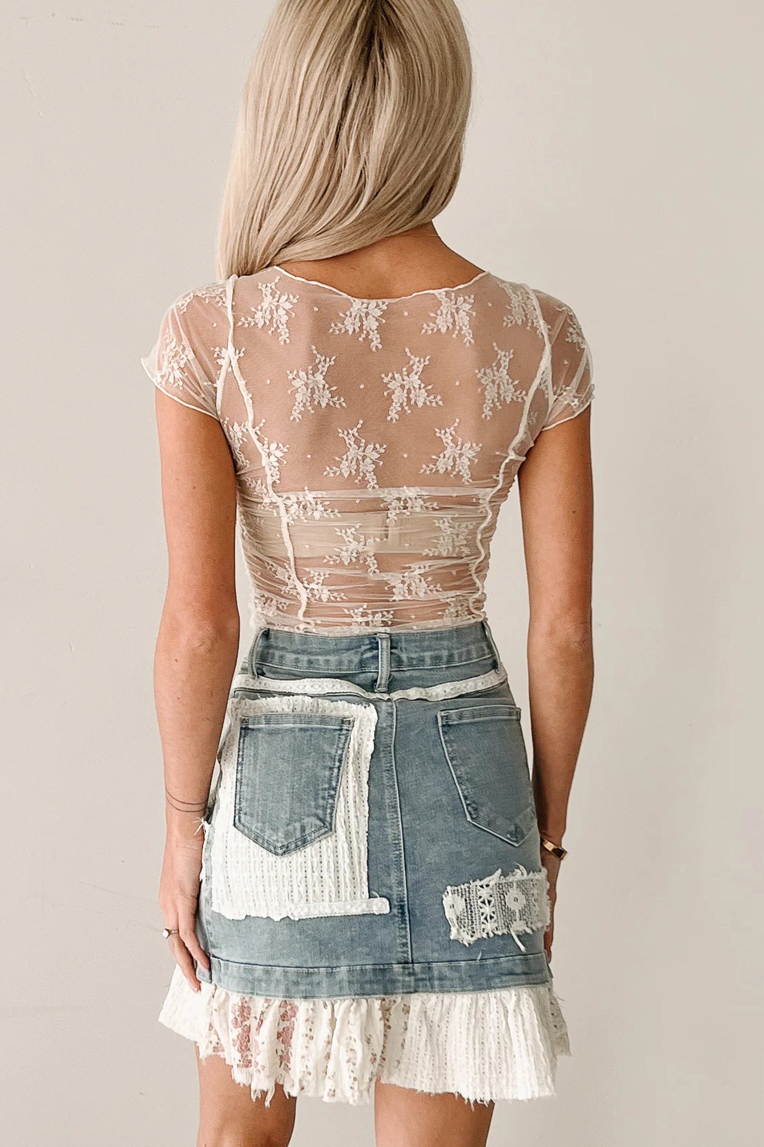 White Exposed Seam Ruched Sheer Floral Mesh Top