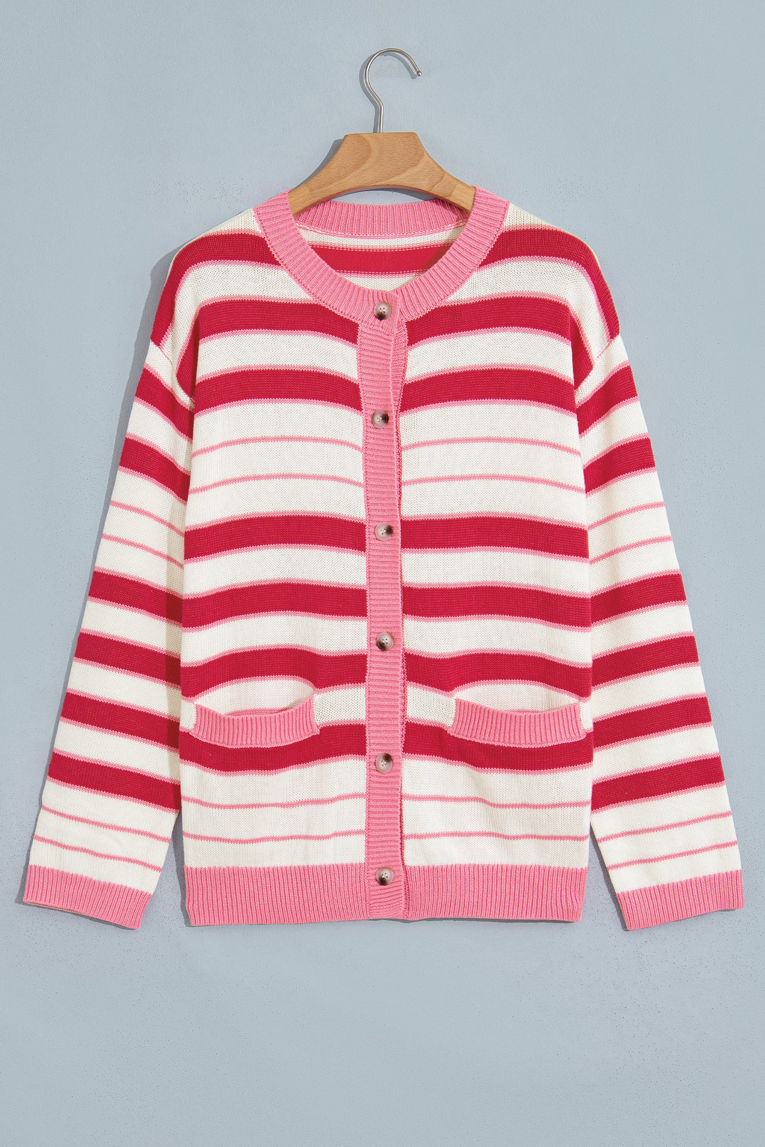 Red Stripe V Neck Long Sleeve Regular Fit Cardigan