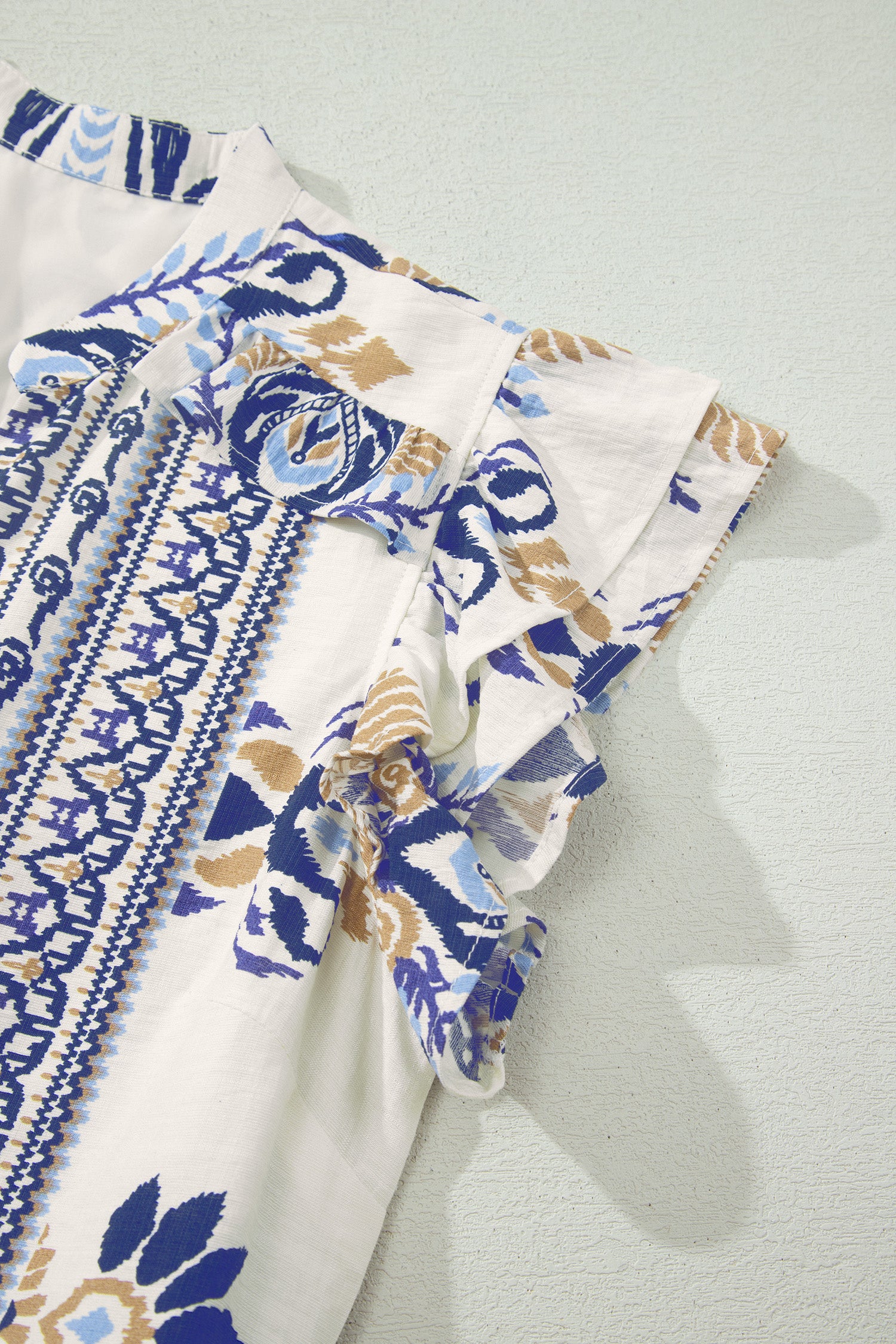 Blue Boho Floral Printed Split Neck Ruffled Sleeve Mini Dress