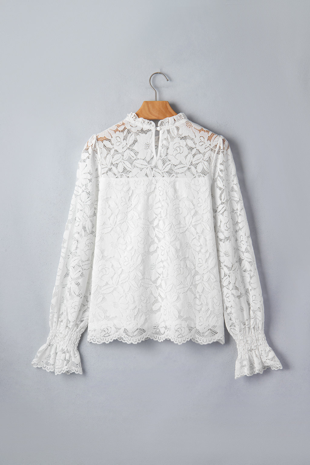 White Ruffled Round Neck Long Flounce Sleeve Sheer Lace Blouse