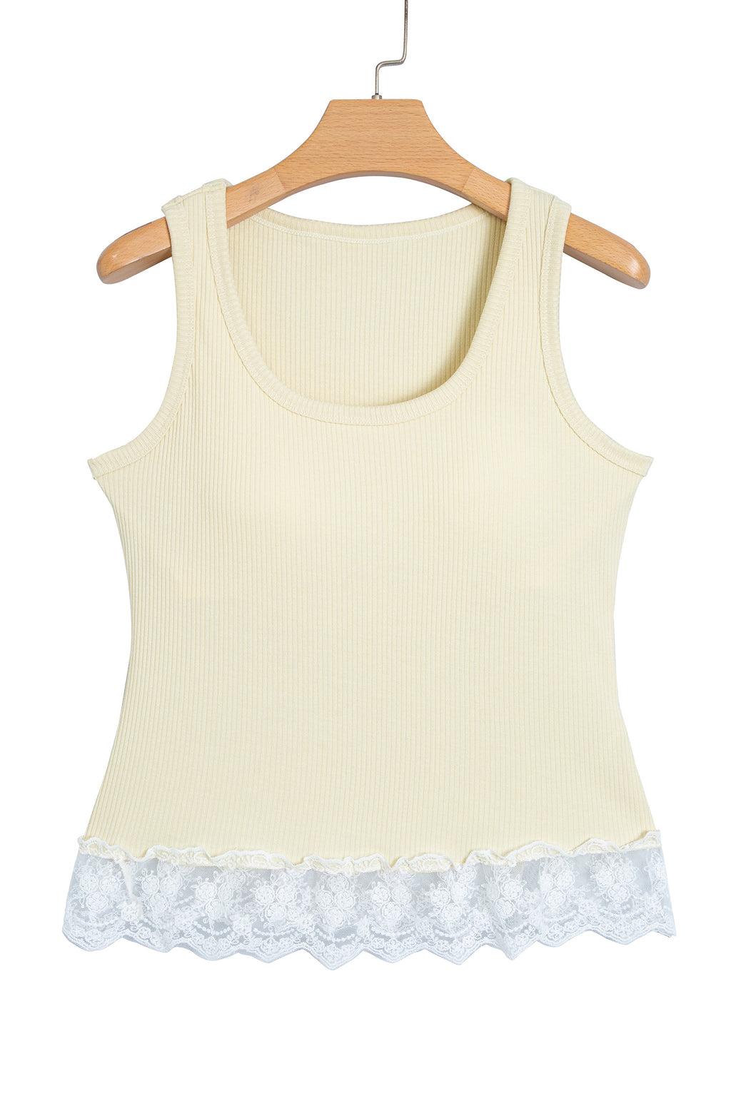Beige Ribbed Knit Sweet Lace Hem Vest