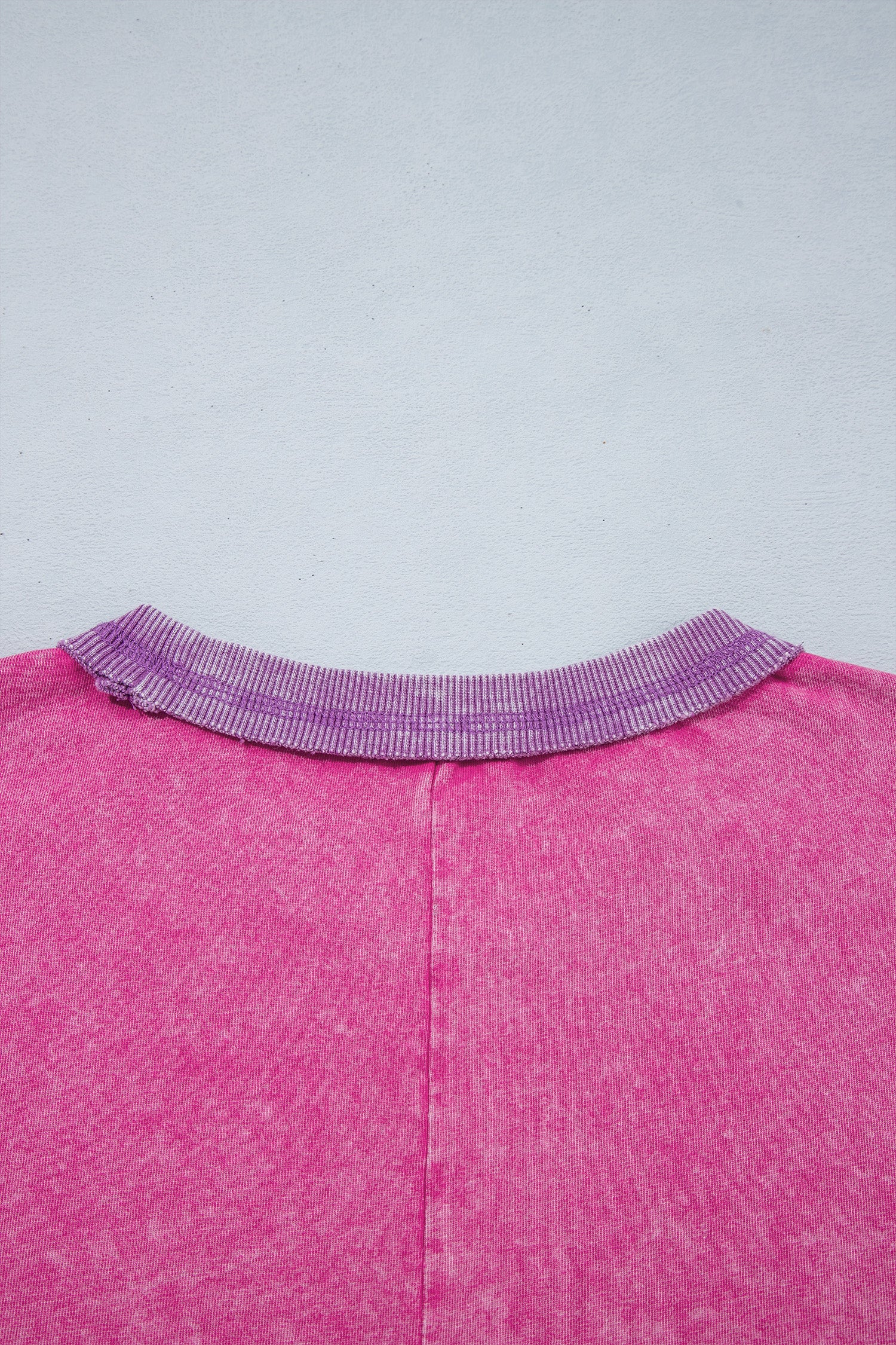 Strawberry Pink Mineral Wash Color Block Trim Bracelet Sleeve Pullover Top