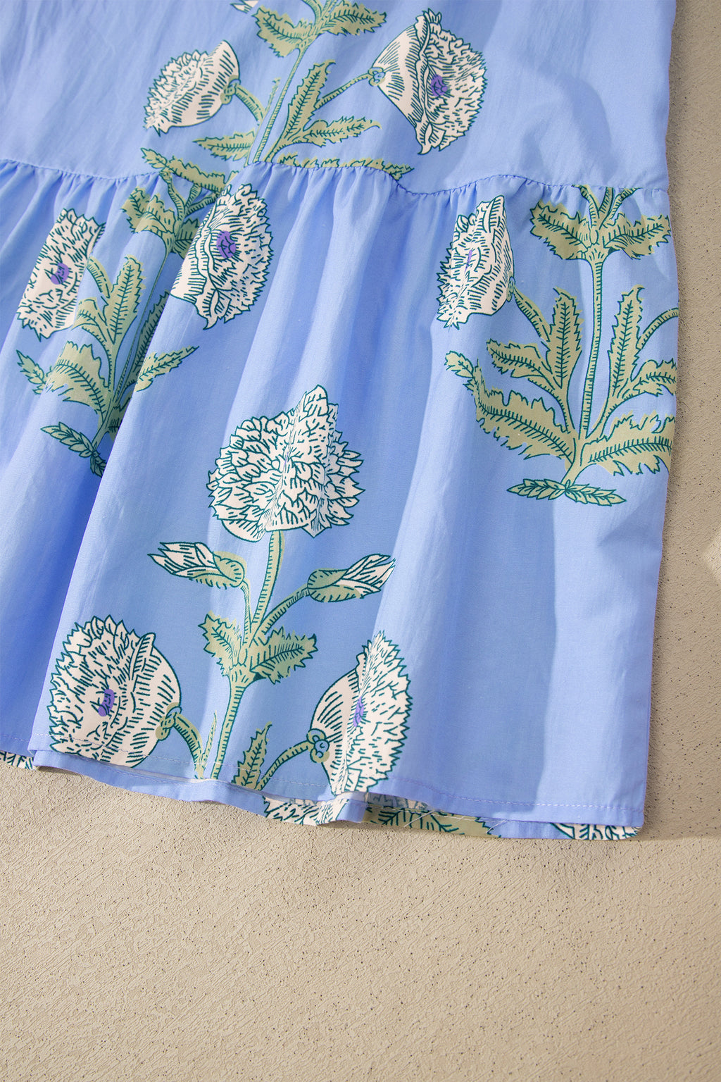 Sky Blue Wild Floral Print Scalloped Embroidery Trim V Neck Drop Waist Mini Dress
