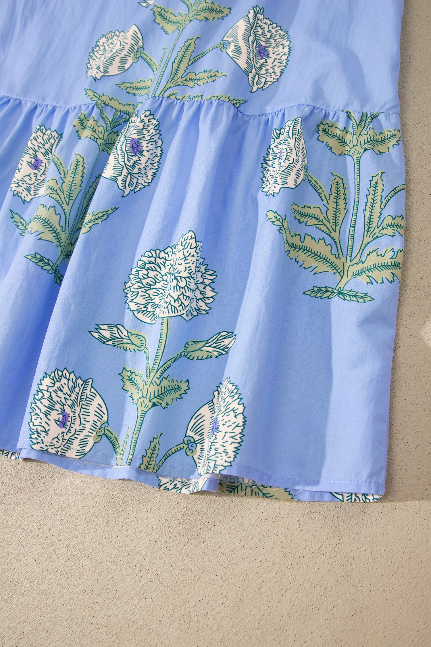 Sky Blue Wild Floral Print Scalloped Embroidery Trim V Neck Drop Waist Mini Dress