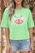 Bright Green Crab Embroidered Patch Loose Round Neck Tee