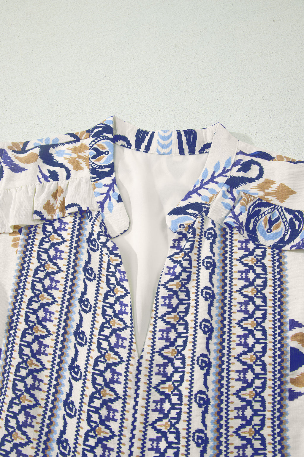 Blue Boho Floral Printed Split Neck Ruffled Sleeve Mini Dress