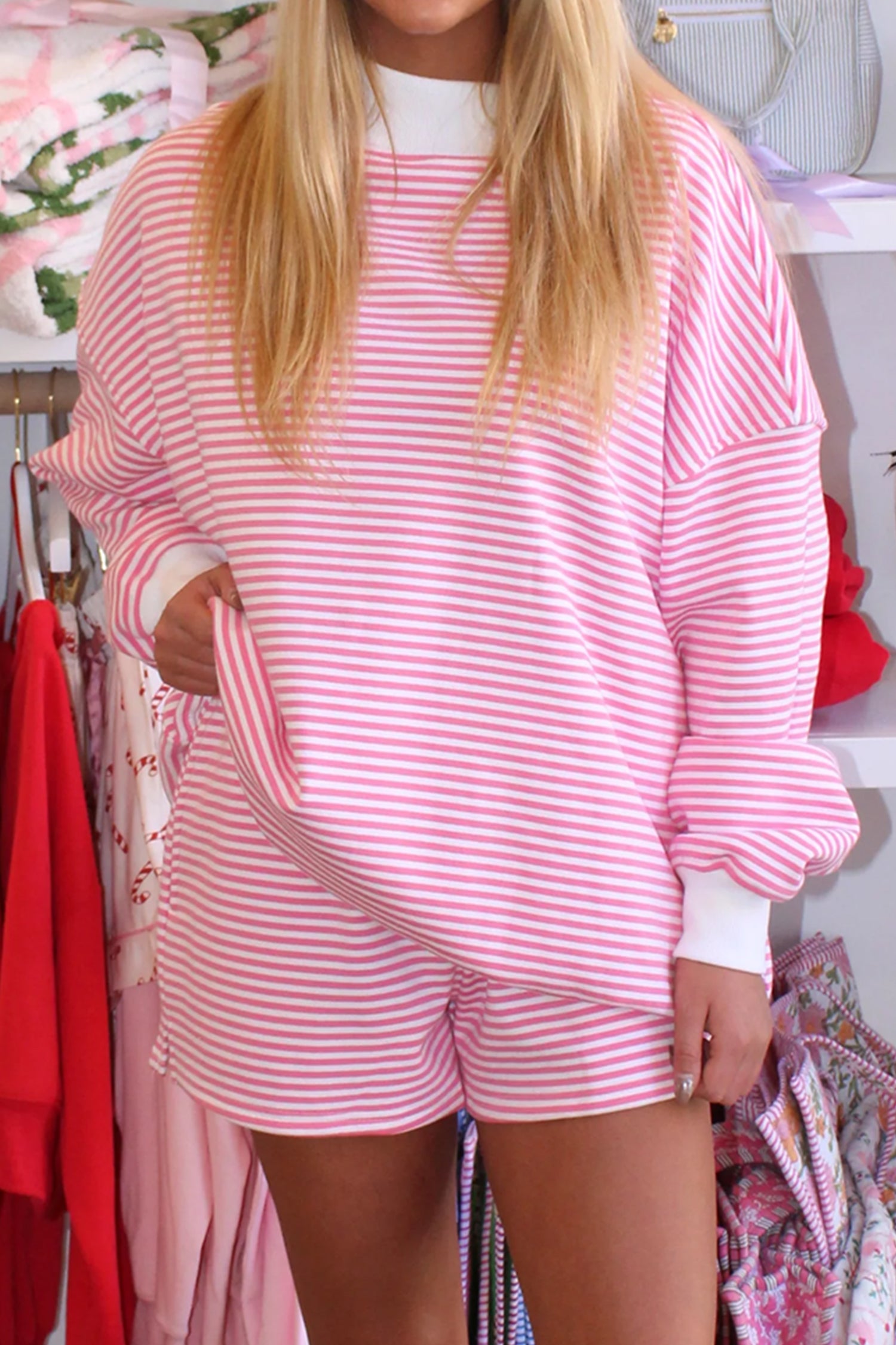 Red Stripe Oversize Mock Neck Sweatshirt and Shorts Set