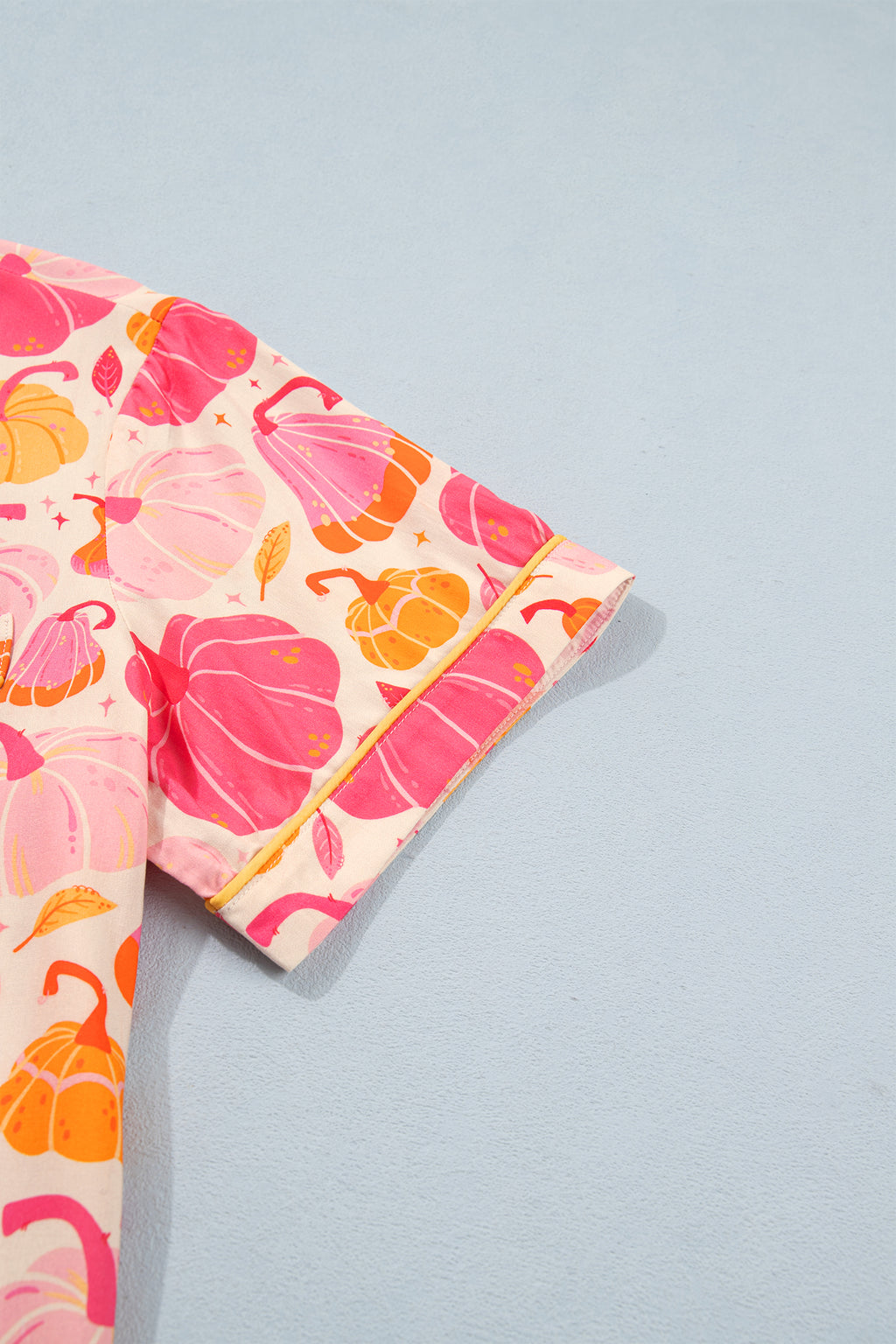 Pink Short Sleeve Pumpkin Print Pocket Placket Shell Button Lounge Set