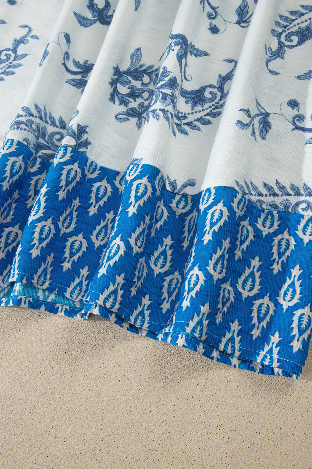 Sky Blue Boho Abstract Print Contrast Trim V Neck Tassel Tie Dress
