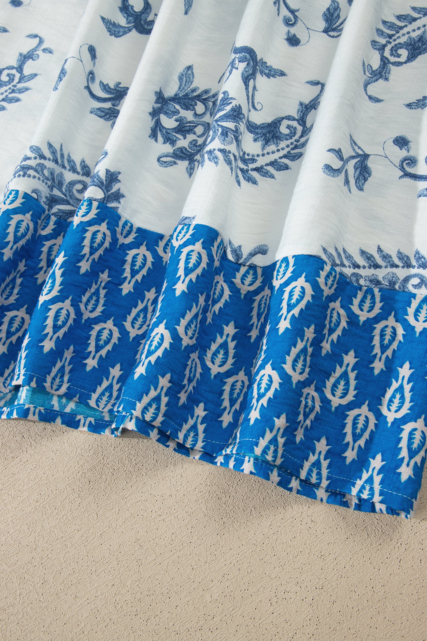 Sky Blue Boho Abstract Print Contrast Trim V Neck Tassel Tie Dress