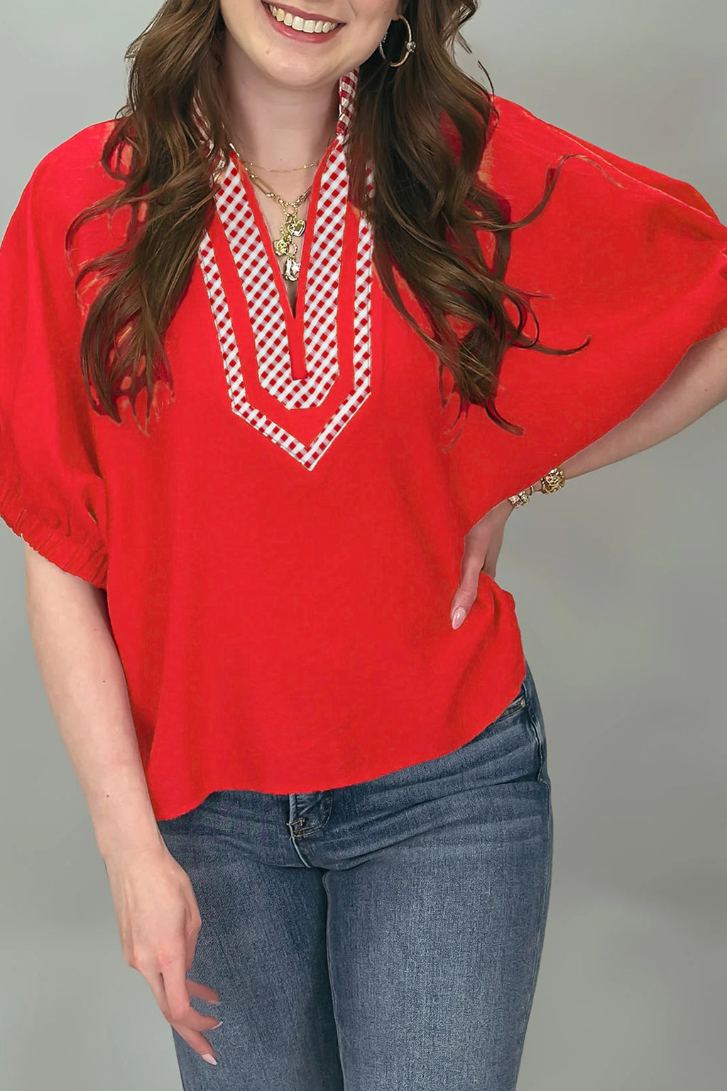 Red V Neck Plaid Collar Short Sleeve Tunic Blouse