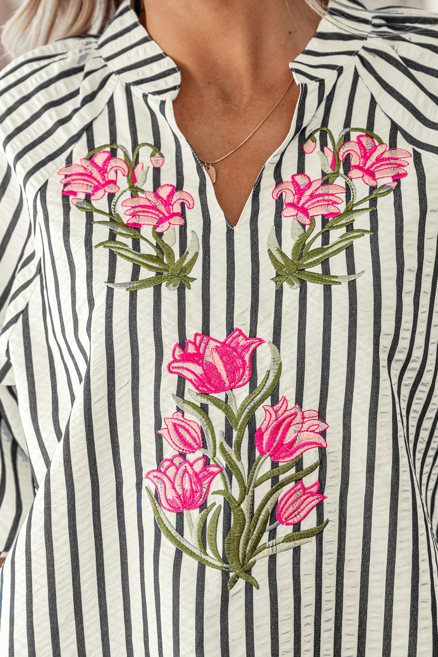 Blue Stripe Floral Short Sleeve Blouse