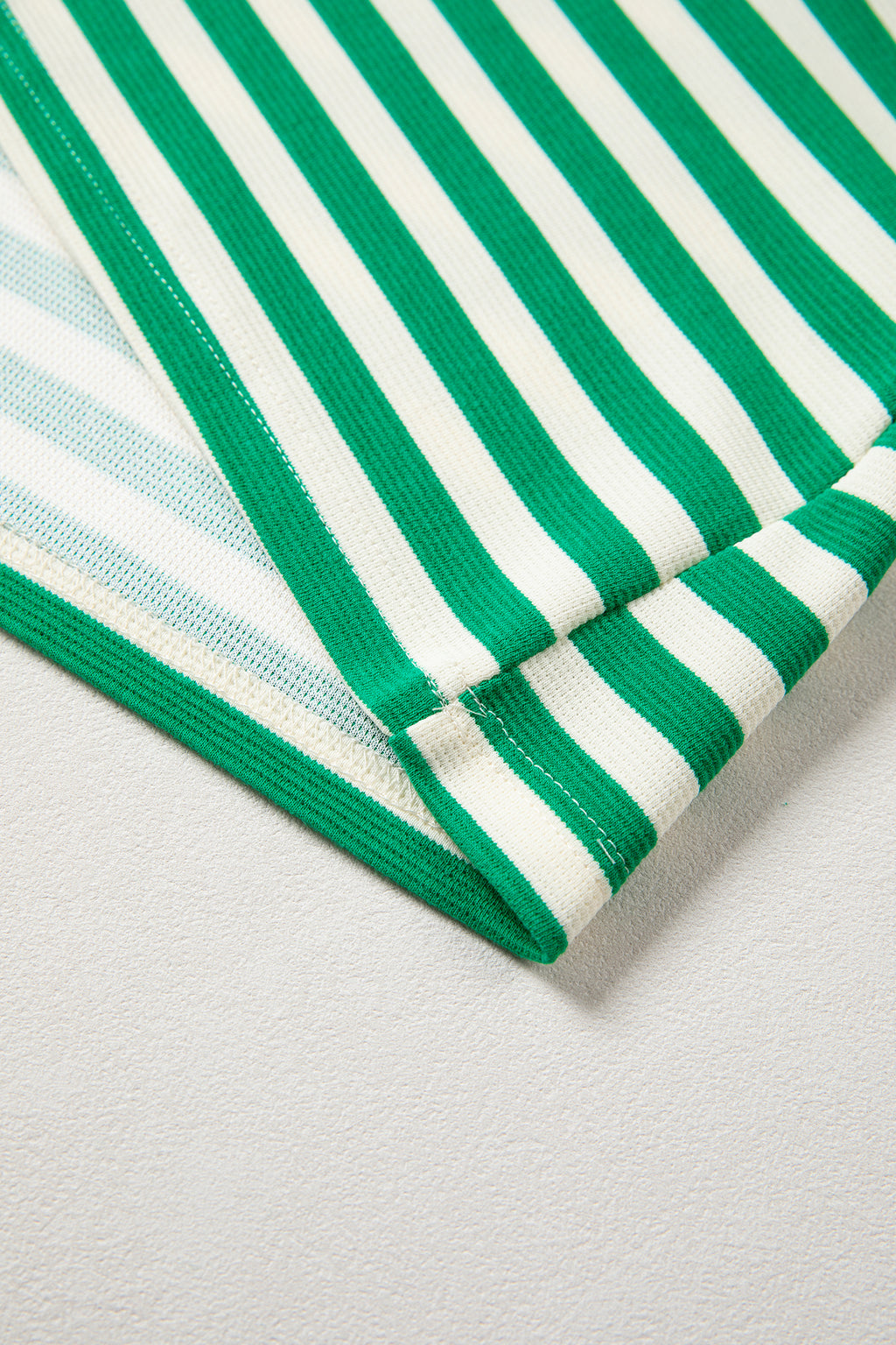 Green Stripe Contrast Trim Polo Collar Ruffled Short Sleeve Blouse