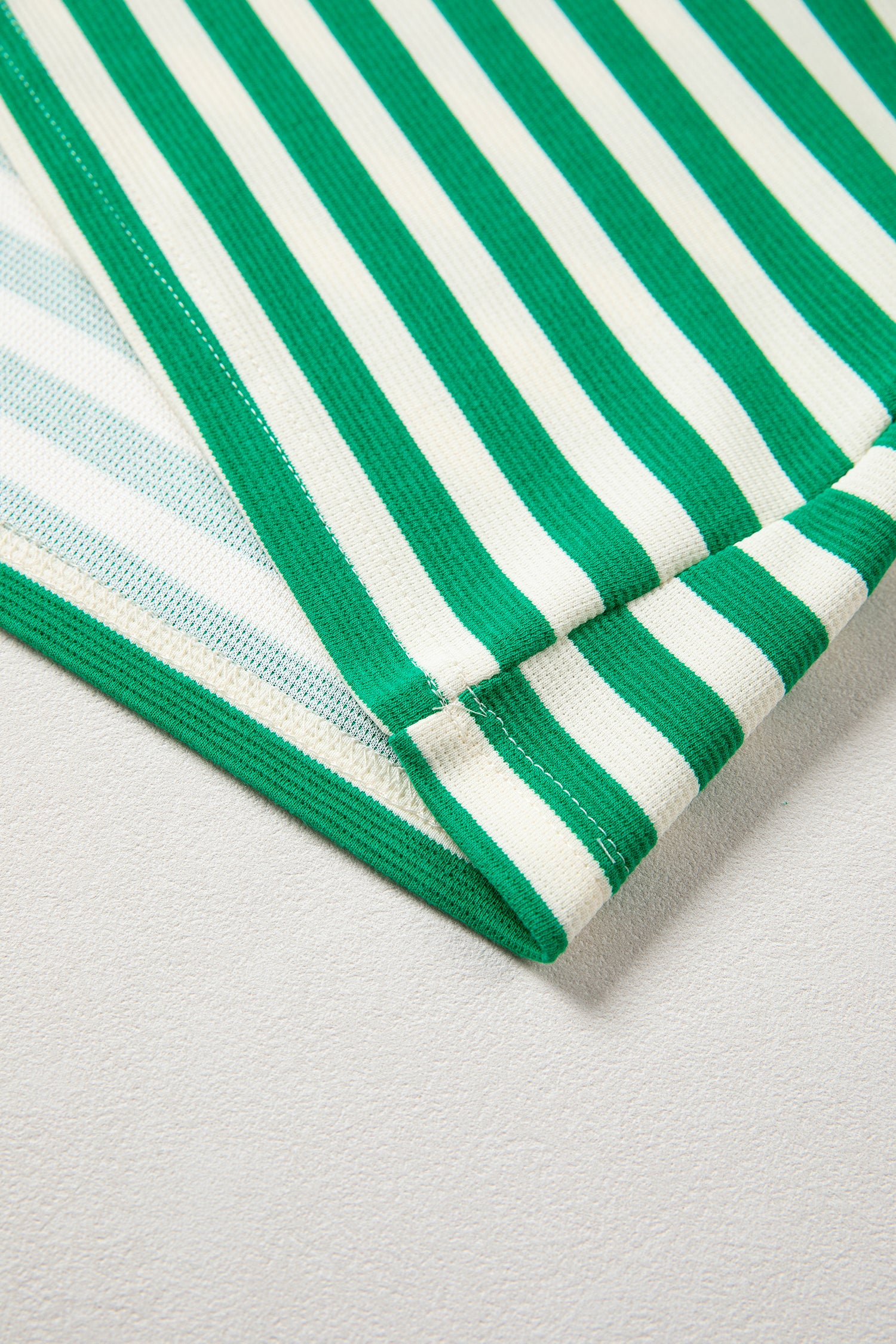 Green Stripe Contrast Trim Polo Collar Ruffled Short Sleeve Blouse