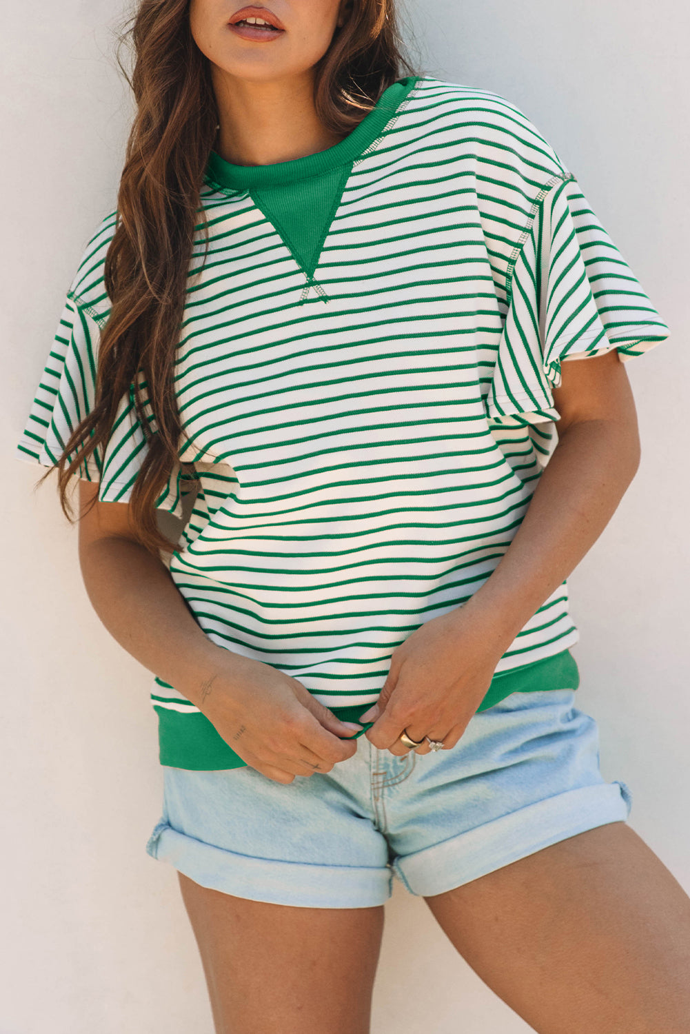 Sachet Pink Contrast Detail Striped Ruffle Short Sleeve Top