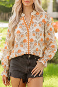 Orange Floral Print Contrast Detail V Neck Long Sleeve Blouse