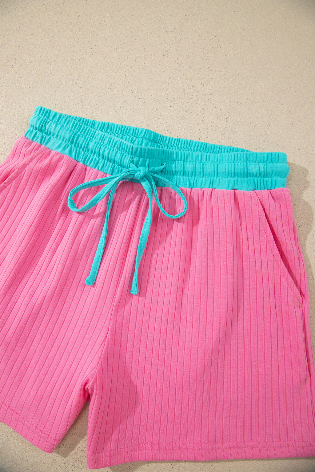 Clearly Aqua Soft Ribbed Color Block Trim Casual Short Set