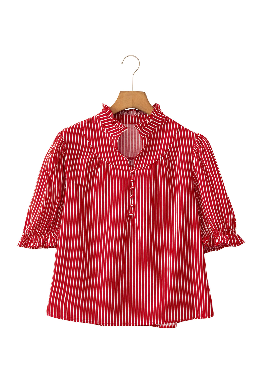 Red Stripe Ruffled Short Puff Sleeve Button Front Blouse